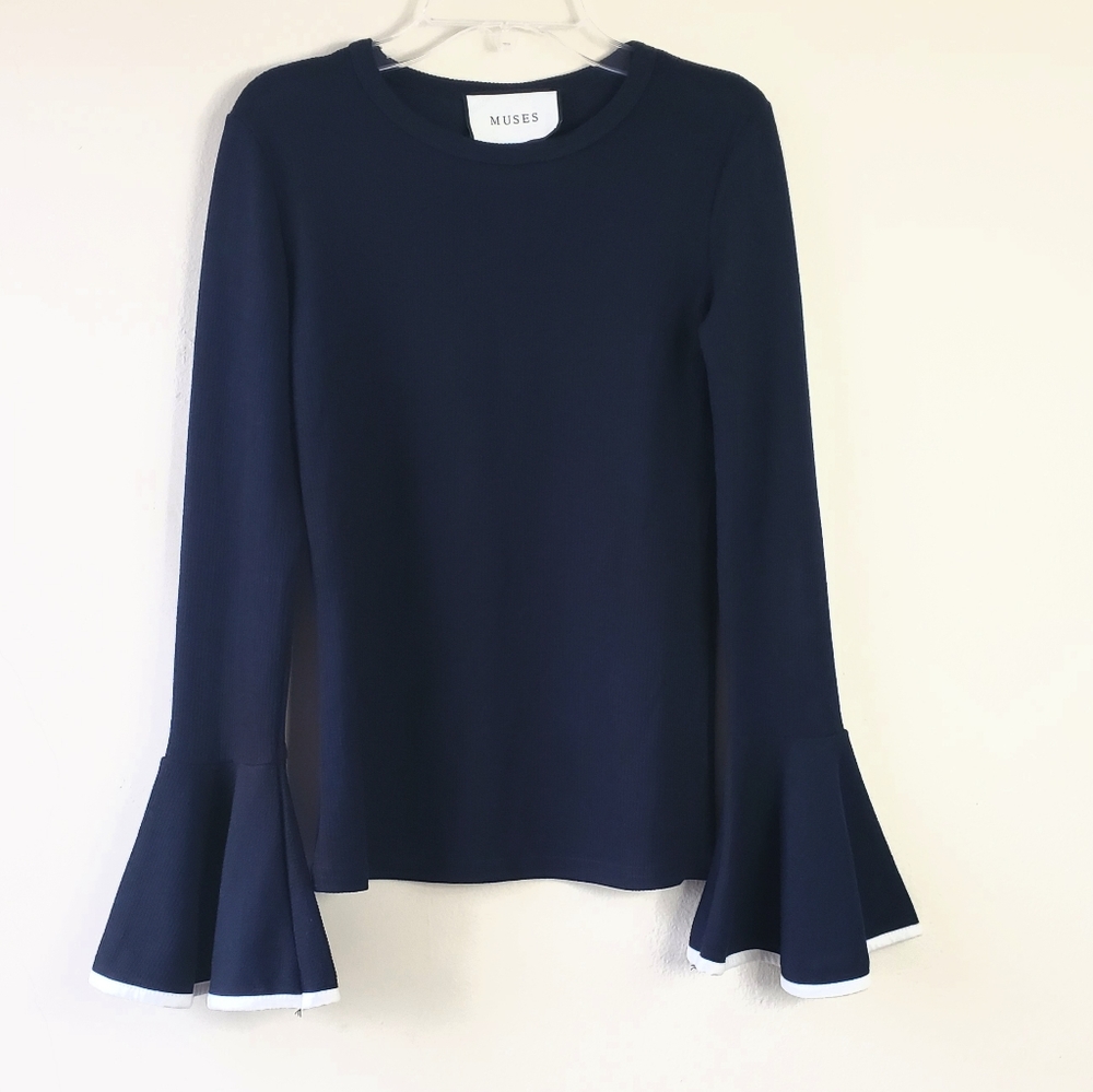 Muses Navy Bell Sleeve Knit Top S‎